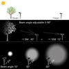 Solar tree light diagram showing 5–90° adjustable beam angle, up to 10 m throw distance and proper solar charging placement