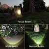 High-power solar tree light showing adjustable focus, wide and narrow beam patterns for trees, shrubs and garden paths at night