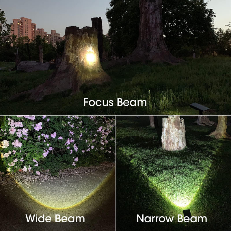 High-power solar tree light showing adjustable focus, wide and narrow beam patterns for trees, shrubs and garden paths at night