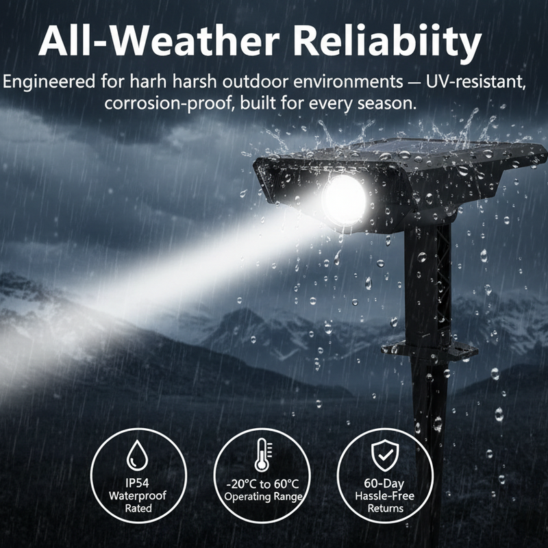 Weather-resistant high-power solar tree light shown for year-round outdoor landscape lighting in changing weather conditions