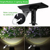 High-power solar tree light infographic showing bright and medium lighting modes, power button operation and two beam brightness levels