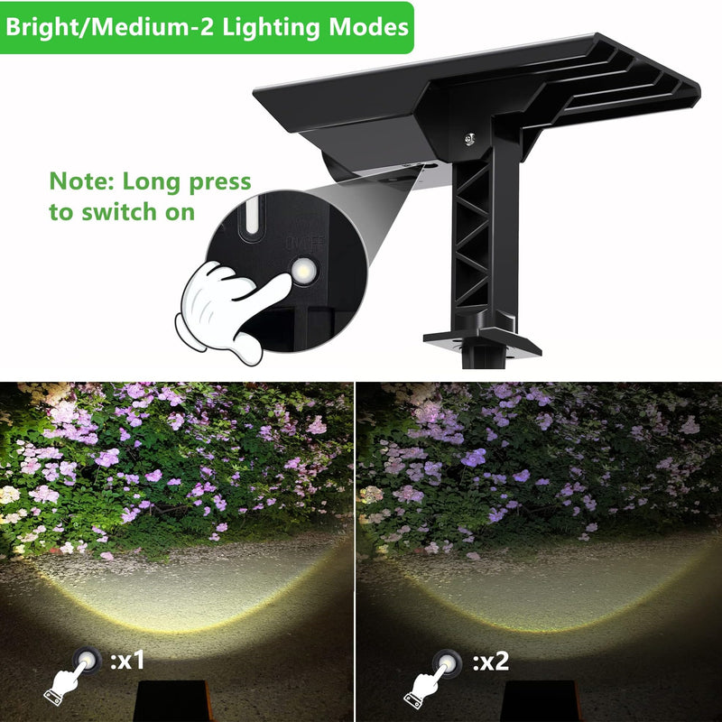 High-power solar tree light infographic showing bright and medium lighting modes, power button operation and two beam brightness levels