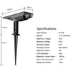 High-power solar tree light dimensions and specifications showing 180 lm output, 5–90° beam angle, 2200 mAh battery and IP54 rating