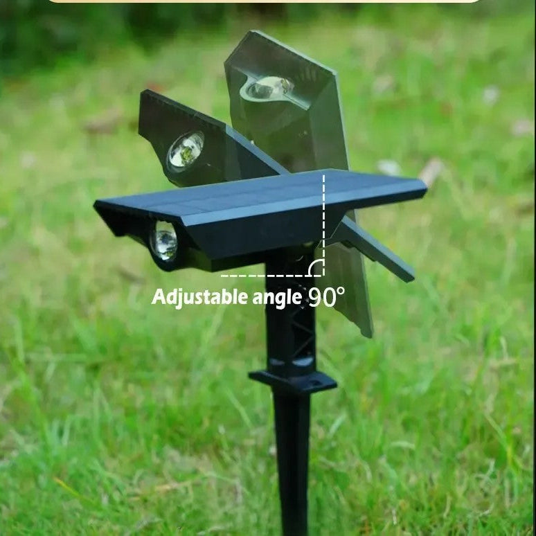 High-power solar tree light shown with its long ground stake for stable installation in lawns and garden soil