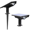 High-power solar tree light shown in two product views with integrated solar panel, spotlight lens and removable ground stake