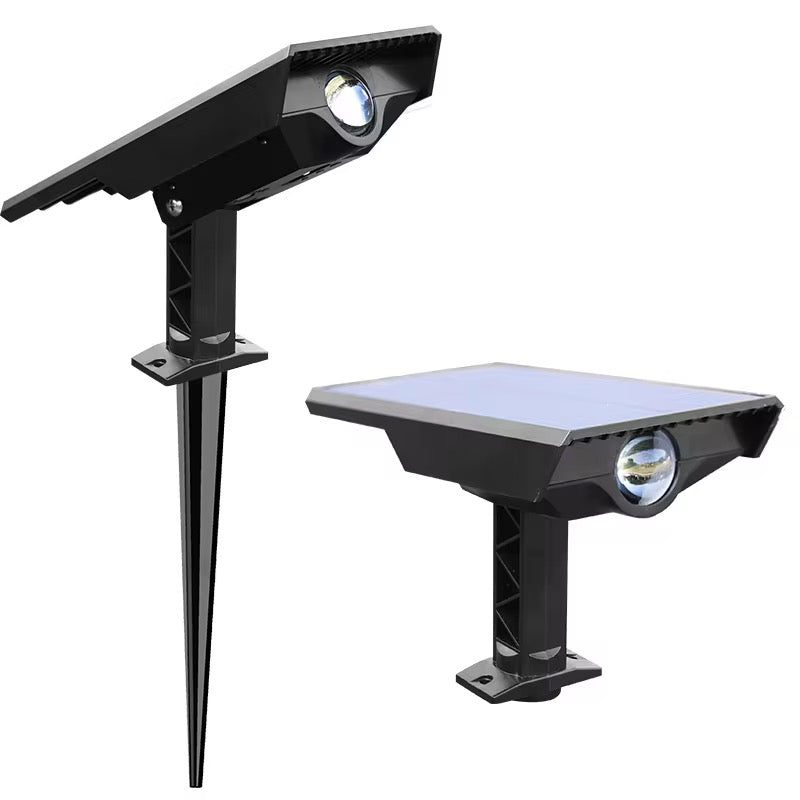 High-power solar tree light shown in two product views with integrated solar panel, spotlight lens and removable ground stake