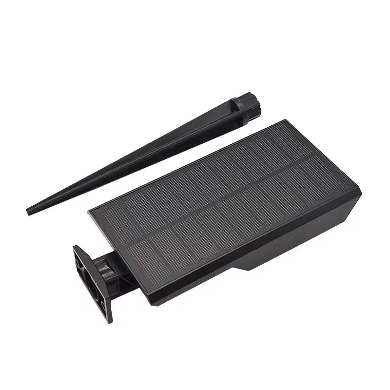 Rear view of high-power solar tree light showing the integrated solar panel, mounting base and separate ground stake on white