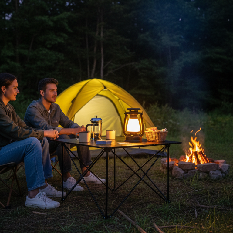 Portable vintage LED camping lantern with top solar panel, carry handle and rechargeable design shown on a clean background