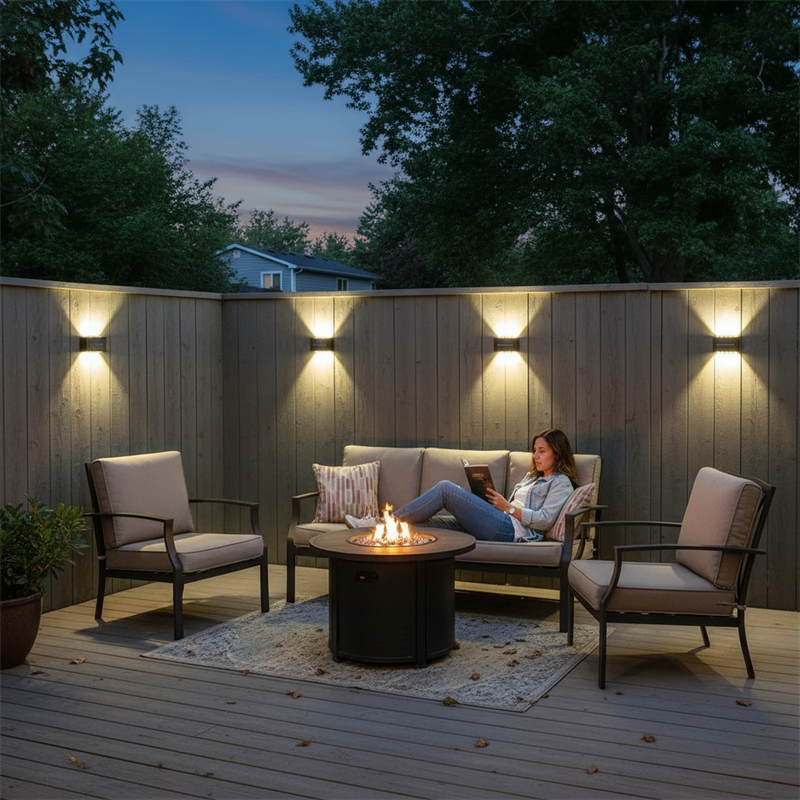 Solar wall lamps on backyard patio fence at twilight | NoxLumin
