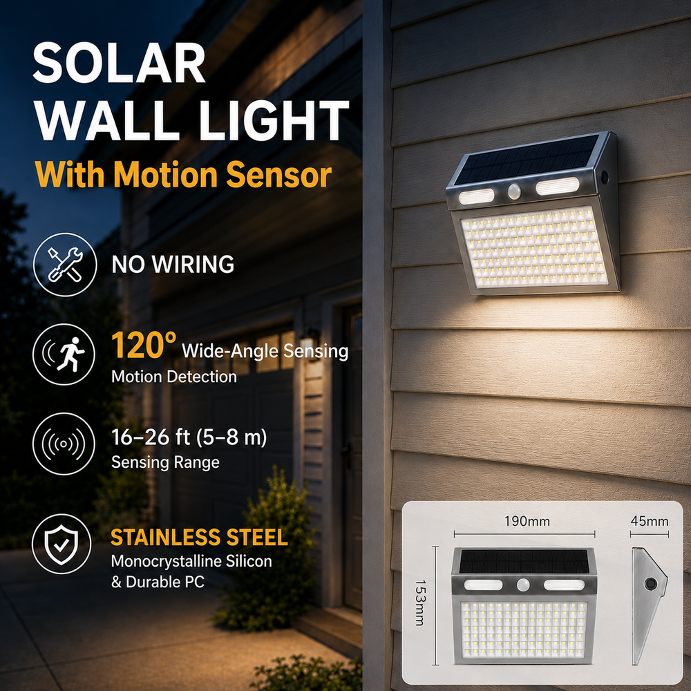 Outdoor solar wall light product view showing the 112-LED lighting array, motion sensor and compact weather-resistant housing