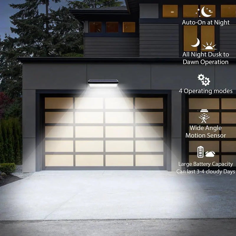 Solar wall light day-and-night graphic showing daytime charging through the integrated panel and automatic lighting after dark