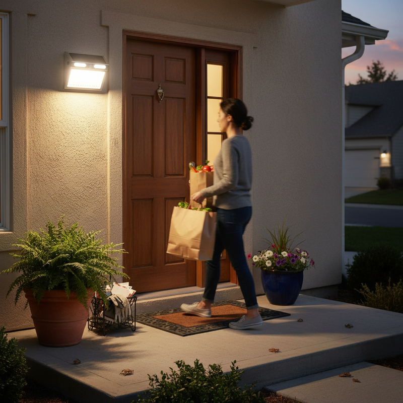 Solar wall light illuminating home entrance at dusk | NoxLumin