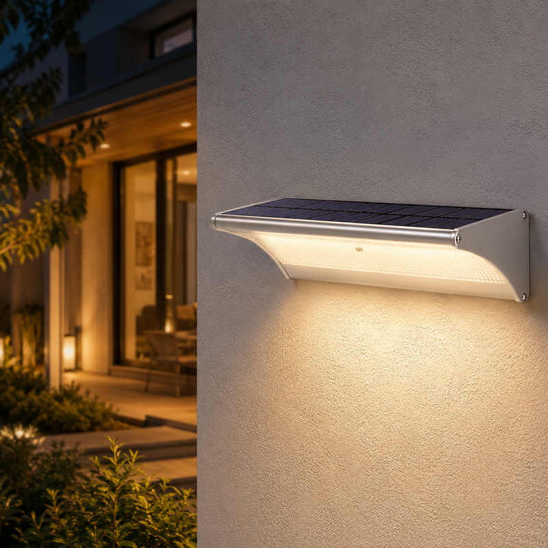 Applique solaire LED installée à l’extérieur avec panneau solaire intégré au-dessus de la zone d’éclairage à détecteur de mouvement