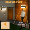 Solar outdoor wall light feature graphic showing PIR motion detection for automatic nighttime activation