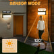 Solar outdoor wall light feature graphic showing PIR motion detection for automatic nighttime activation