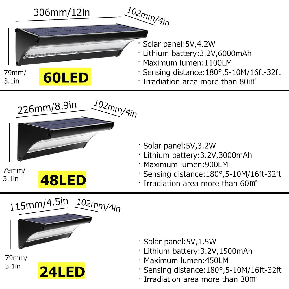 Size chart of Applique murale solaire LED extérieure avec capteur de mouvement | 450 ~ 1100 Lumens, jusqu'à 6000mAh | Pour entrée de garage, jardin, entrée de porte, patio, rue