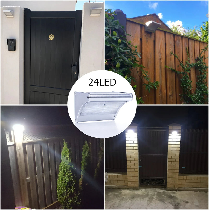 Solar LED wall light demonstrating broad downward illumination for a residential exterior wall, doorway or garage area
