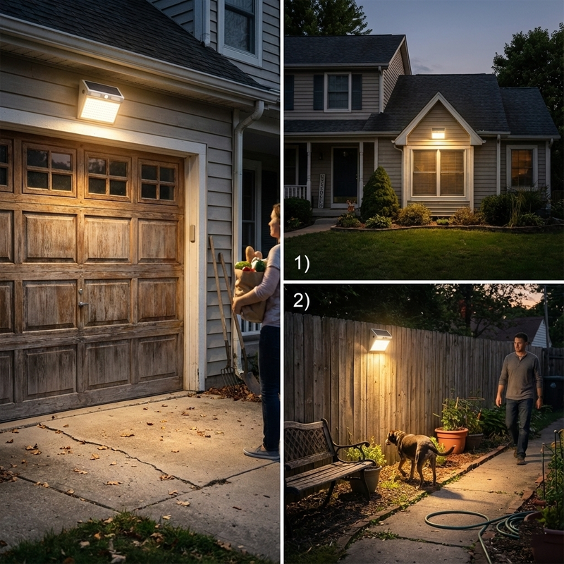 Gráfico de un aplique solar con sensor de movimiento destacando la iluminación automática de seguridad en exteriores residenciales