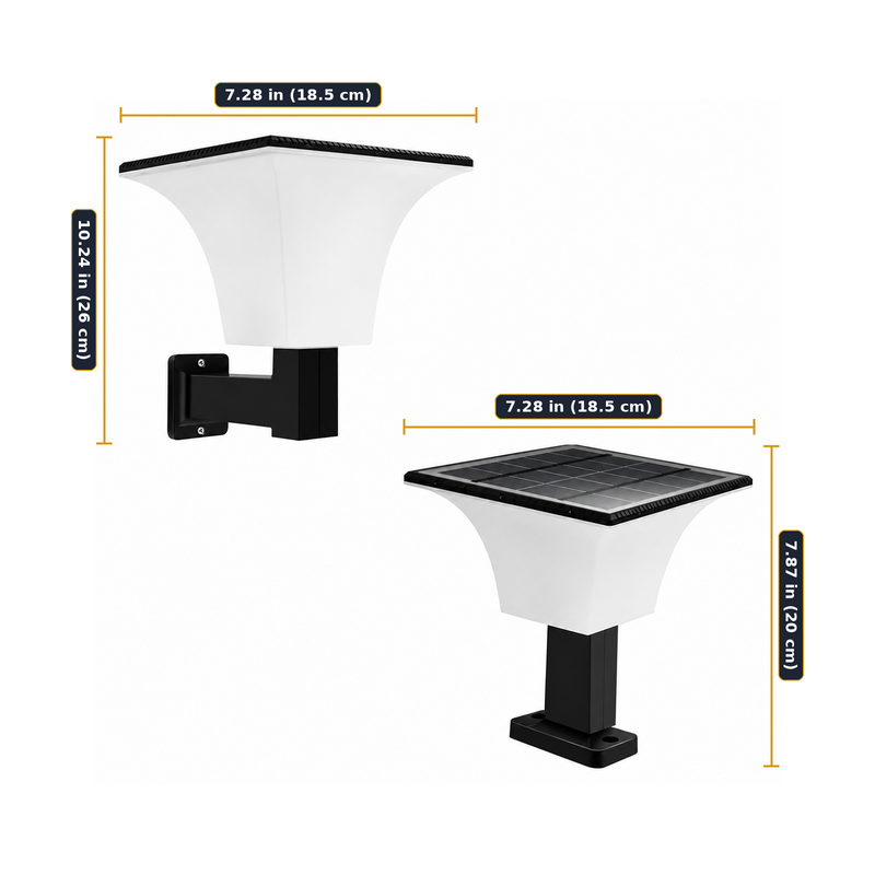 Solar wall and pillar-top light dimensions in inches and centimeters