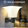 Solar wall sconce illustrating wide-angle motion detection for automatic lighting around garages, porches and side entrances