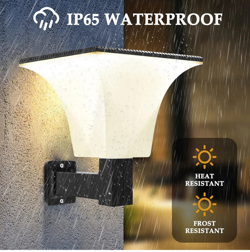 Solar wall sconce illustrating wide-angle motion detection for automatic lighting around garages, porches and side entrances