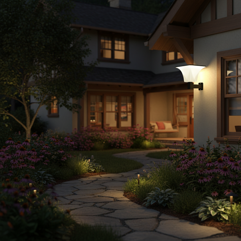 Solar wall sconce illuminating a garden path and nearby landscaping along a residential exterior at night