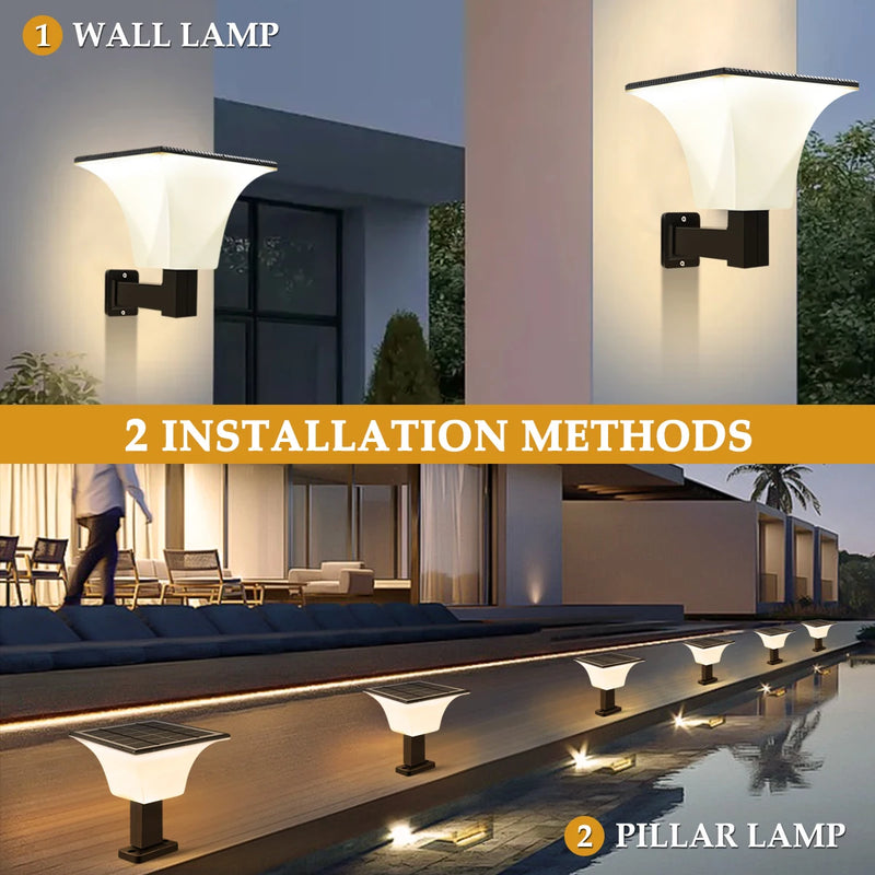 Solar wall sconce feature graphic showing selectable motion-sensor lighting modes for entrances, garages and patios