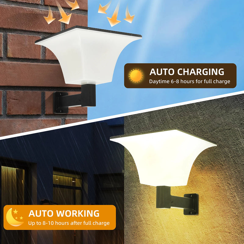 Solar wall sconce demonstrating broad downward nighttime illumination across an exterior wall and entrance area