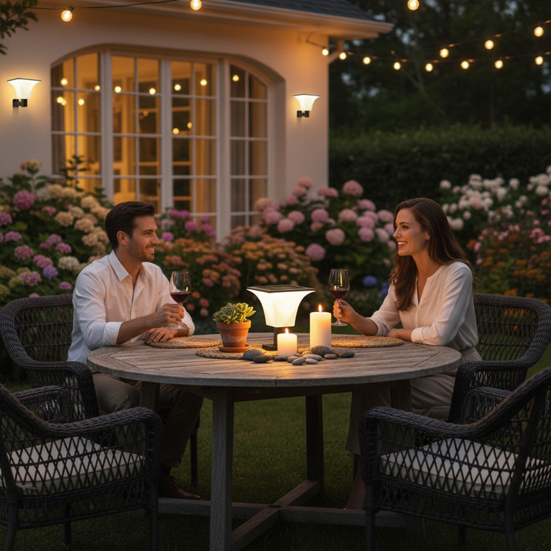 Solar wall sconce illuminating an outdoor gathering area with a round table beside a residential wall at night