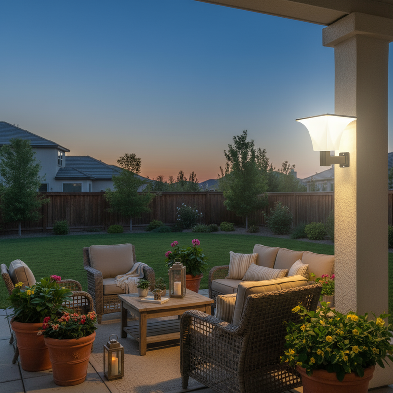 Solar wall sconce providing warm exterior illumination for a residential patio and outdoor seating area after dark