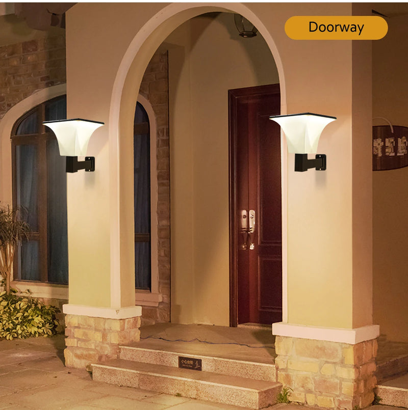 Solar wall sconce shown with remote control for convenient brightness and motion-sensor mode adjustment
