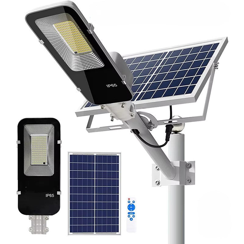 Split-design solar flood light with large LED panel and separate solar panel for high-output outdoor security lighting