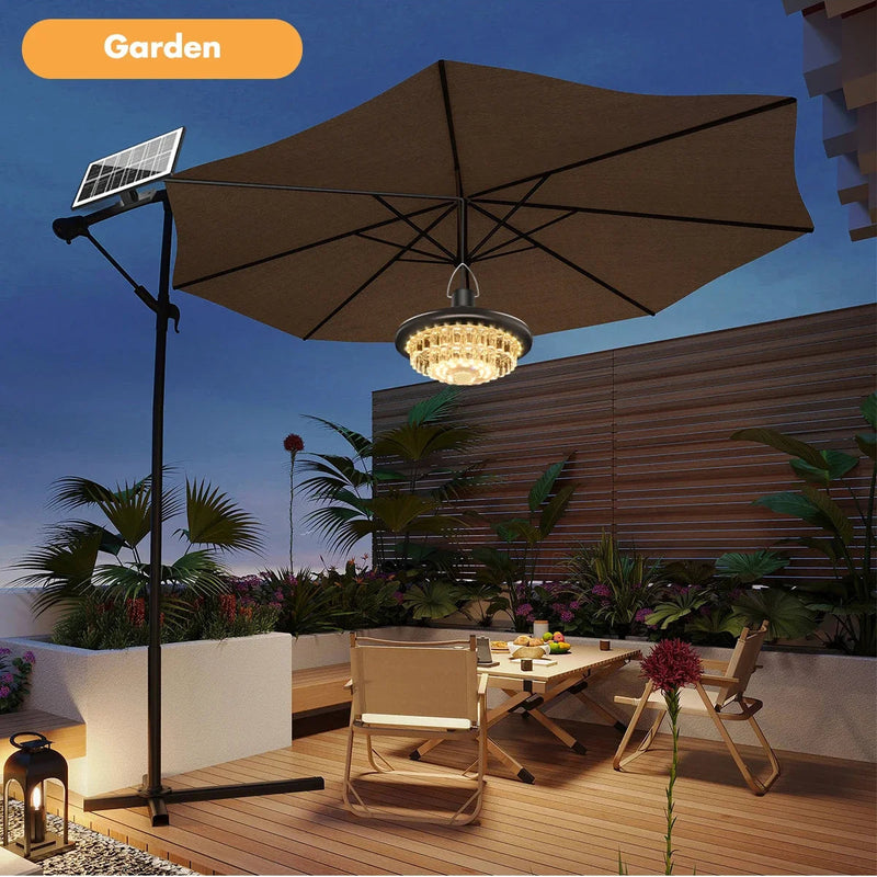 Split solar pendant light components arranged together with hanging lamp, solar panel, cable, remote and installation accessories