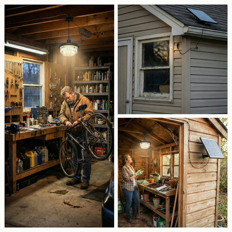 Solar pendant light installed beneath a roof while its separate solar panel remains outdoors in direct sunlight