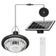 Split-design solar pendant light kit with hanging LED lamp, separate outdoor solar panel and connecting cable for sheds and garages