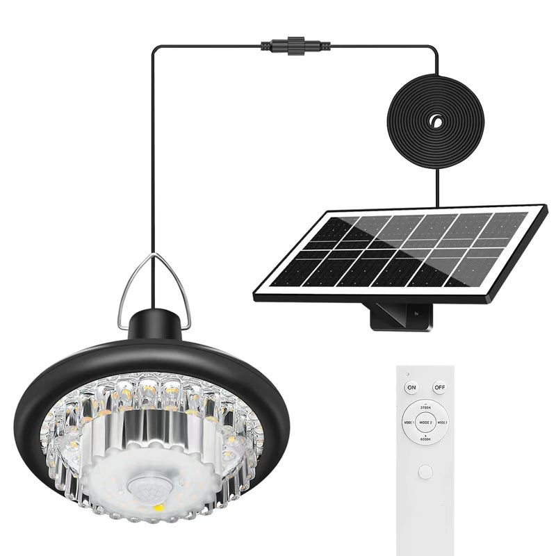 Split-design solar pendant light kit with hanging LED lamp, separate outdoor solar panel and connecting cable for sheds and garages