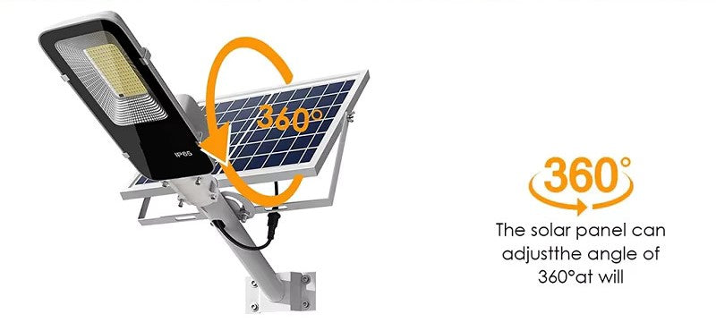 Split-design solar street and flood light with a large LED panel and separate solar panel for flexible outdoor installation