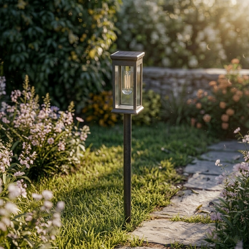 Vista de una luz solar de jardín muy brillante diseñada para emitir luz blanco cálido en patios, terrazas y senderos