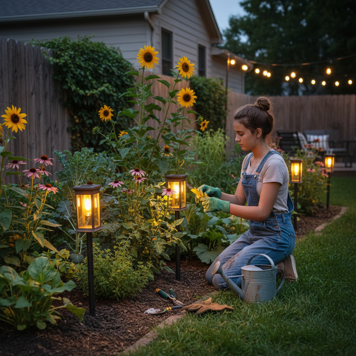 Teenage girl gardening at twilight with solar lights illuminating garden bed | NoxLumin