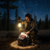 USB rechargeable vintage camping lantern glowing at night as portable lighting for tents, patios and emergency use