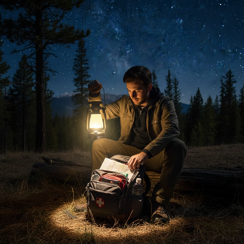 USB rechargeable vintage camping lantern glowing at night as portable lighting for tents, patios and emergency use
