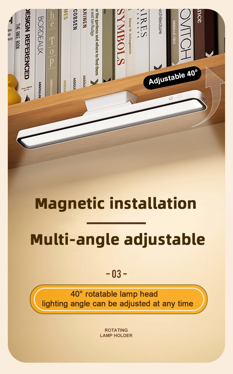 Battery-powered magnetic desk lamp showing USB charging for cordless use on desks, shelves and bedside areas