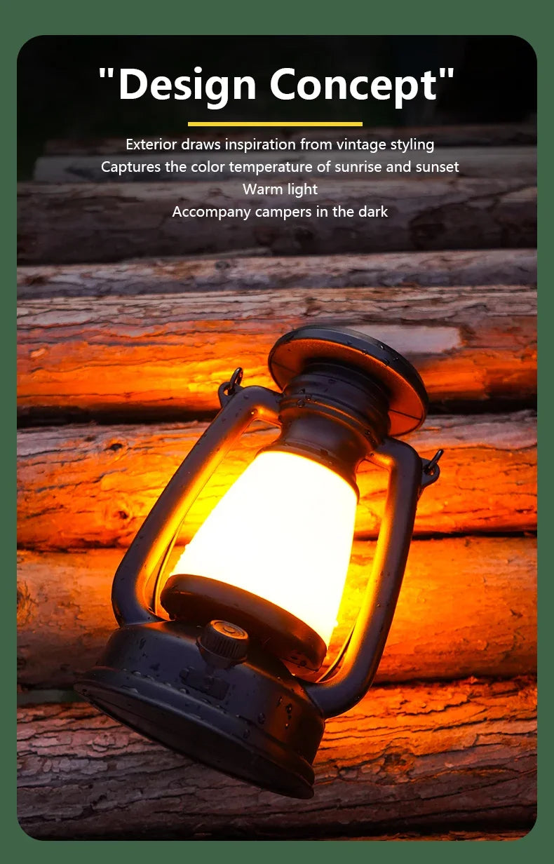 Vintage rechargeable camping lantern graphic showing adjustable warm-to-cool white color temperatures for different lighting needs