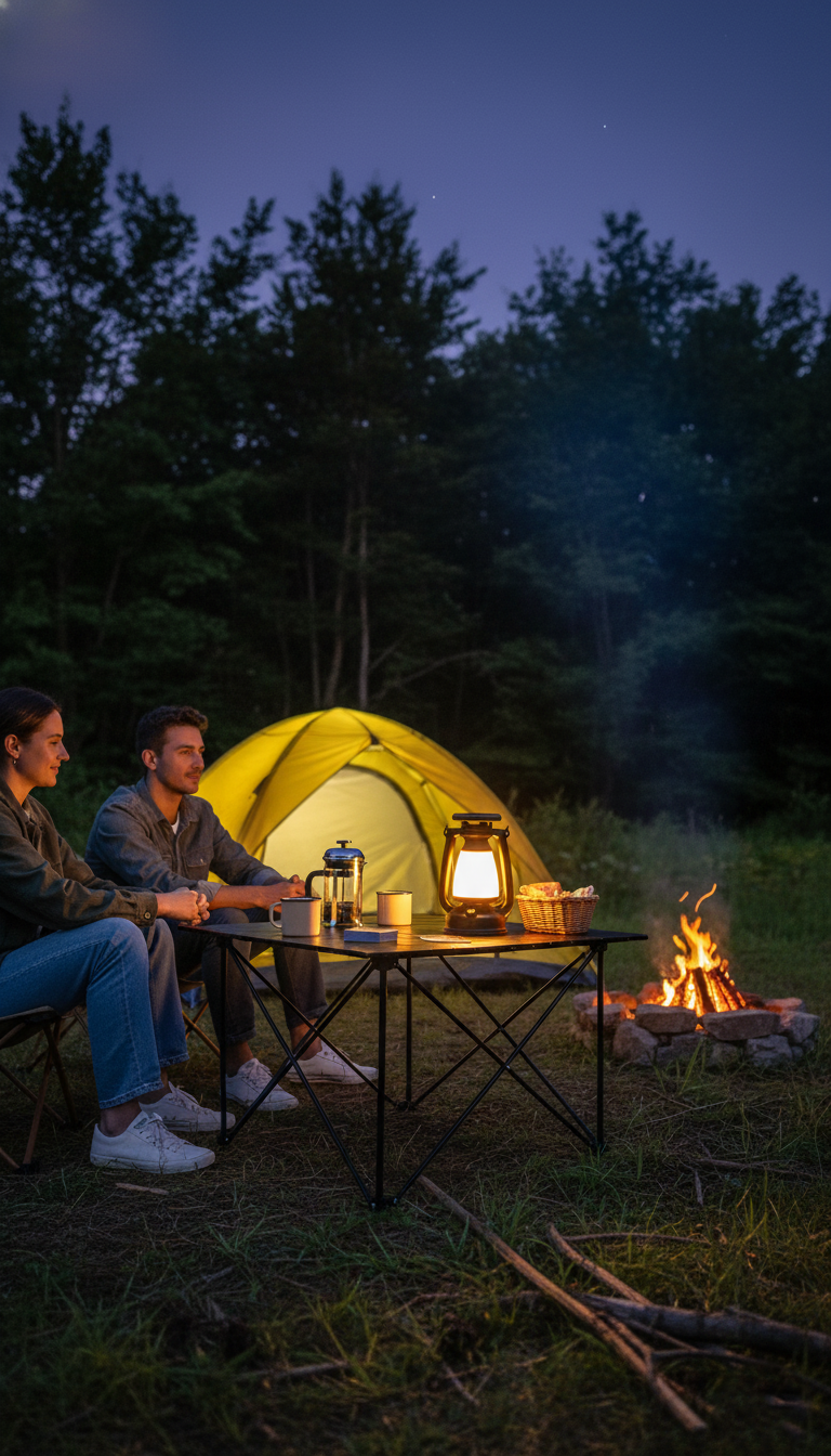 Vintage rechargeable camping lantern lighting a campsite table beside two campers, a tent and a campfire at night
