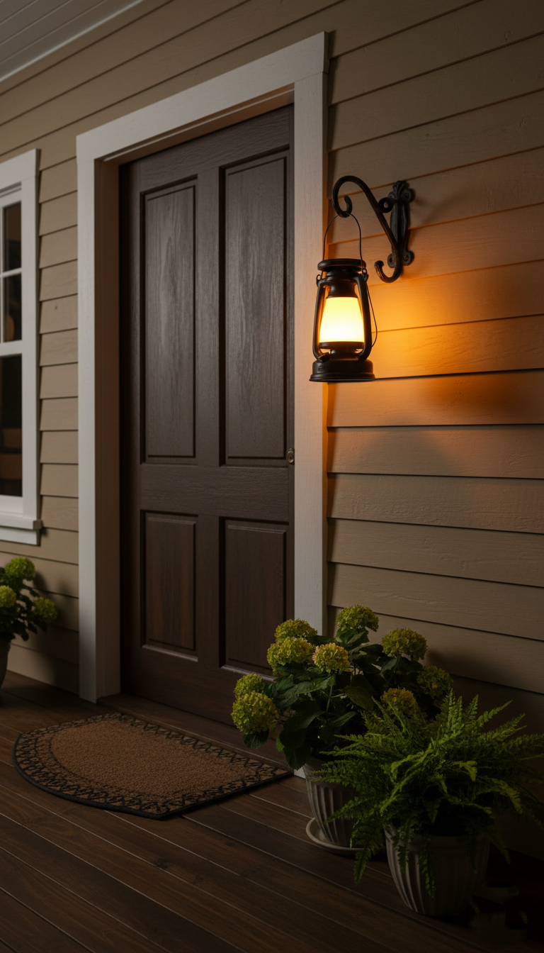 Vintage rechargeable camping lantern temporarily hanging beside a home entry for warm evening light