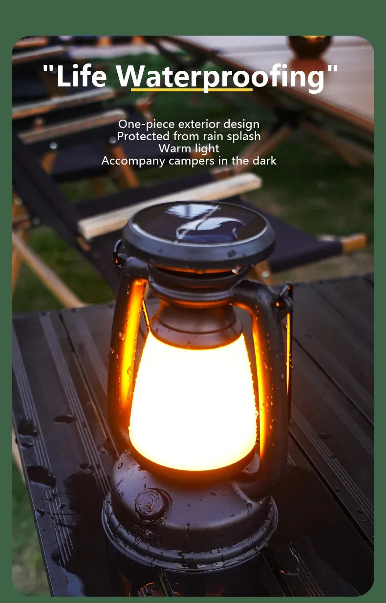 IPX4 splash-resistance graphic showing water droplets on the vintage camping lantern