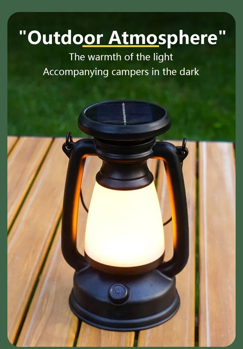 Vintage solar camping lantern providing warm ambient light on an outdoor table