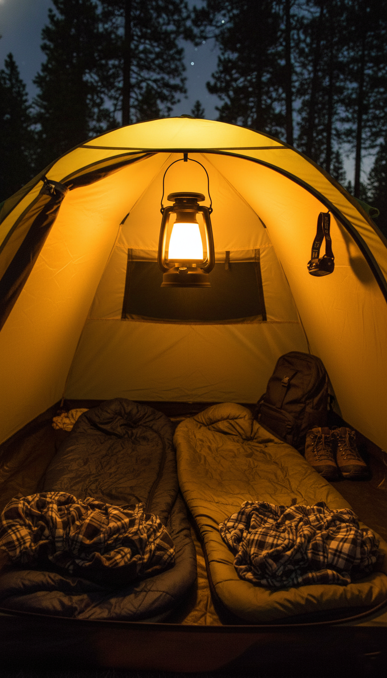 Vintage rechargeable camping lantern hanging inside a tent and providing warm light over two sleeping bags