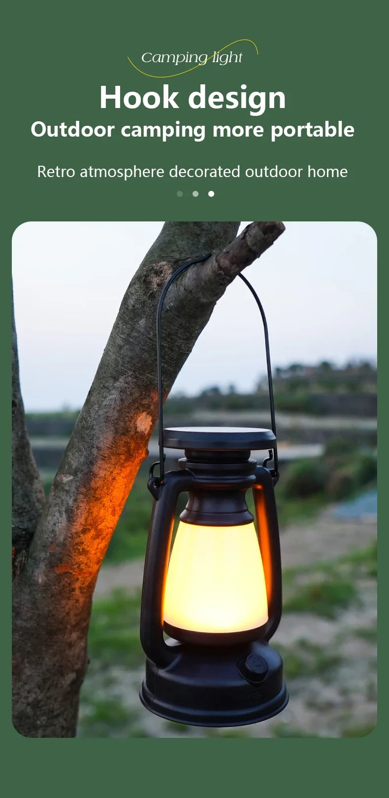 Rechargeable vintage camping lantern feature graphic showing dimmable brightness control for ambient and task lighting