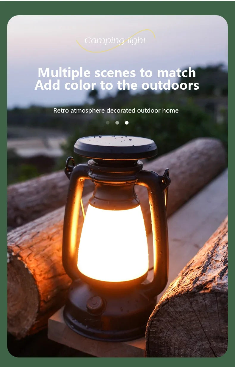 Vintage LED camping lantern shown with its top handle for carrying or hanging inside a tent, shelter or patio area